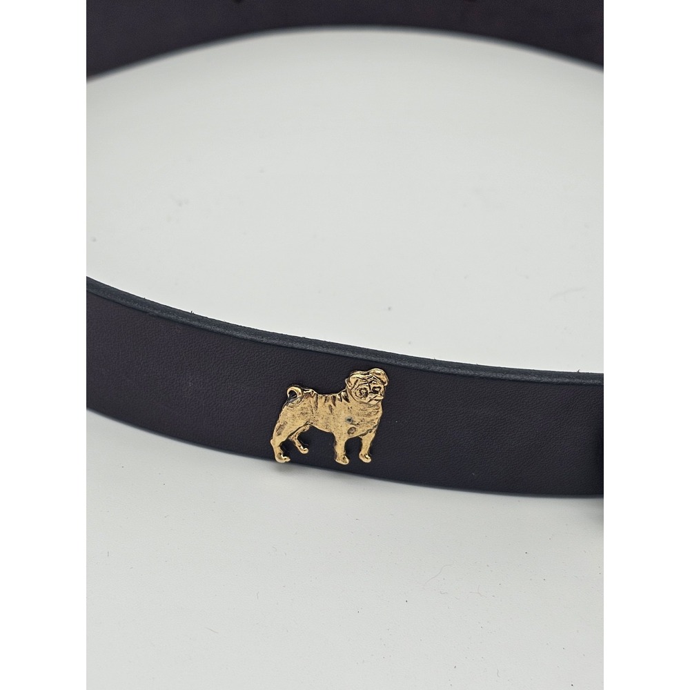 Black Leather Belt with Gold Bulldog Motif and Brass Buckle - Picture 2 of 6